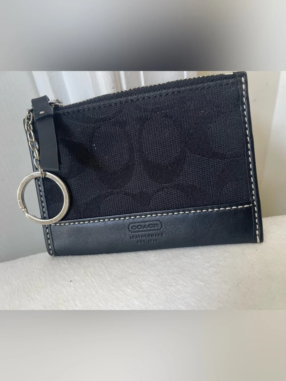 Coach Black Signature Canvas Card Case with Key Ring
